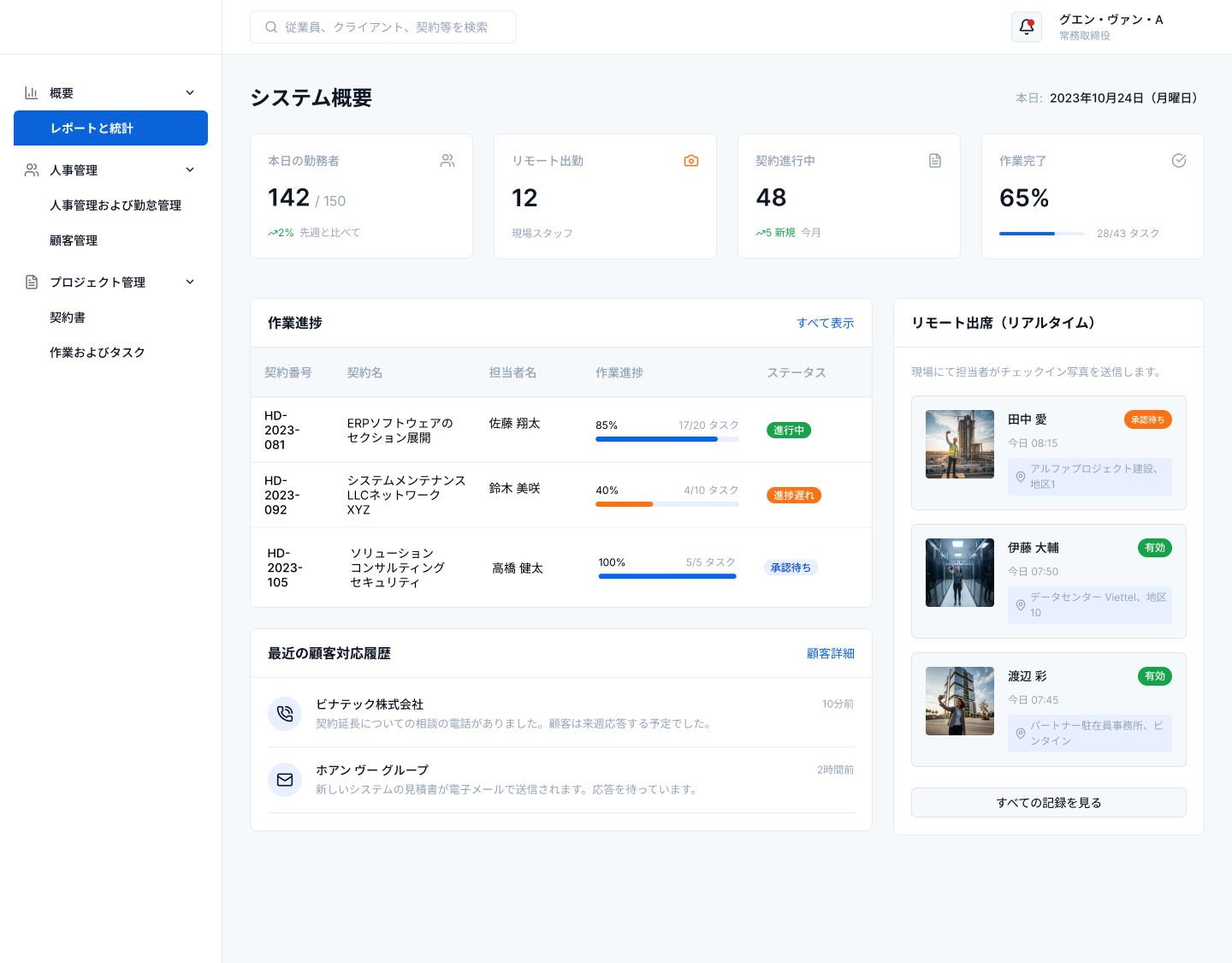 人事管理や勤怠管理をはじめ、顧客および契約管理、業務やタスク管理までを一元的に行うシステム