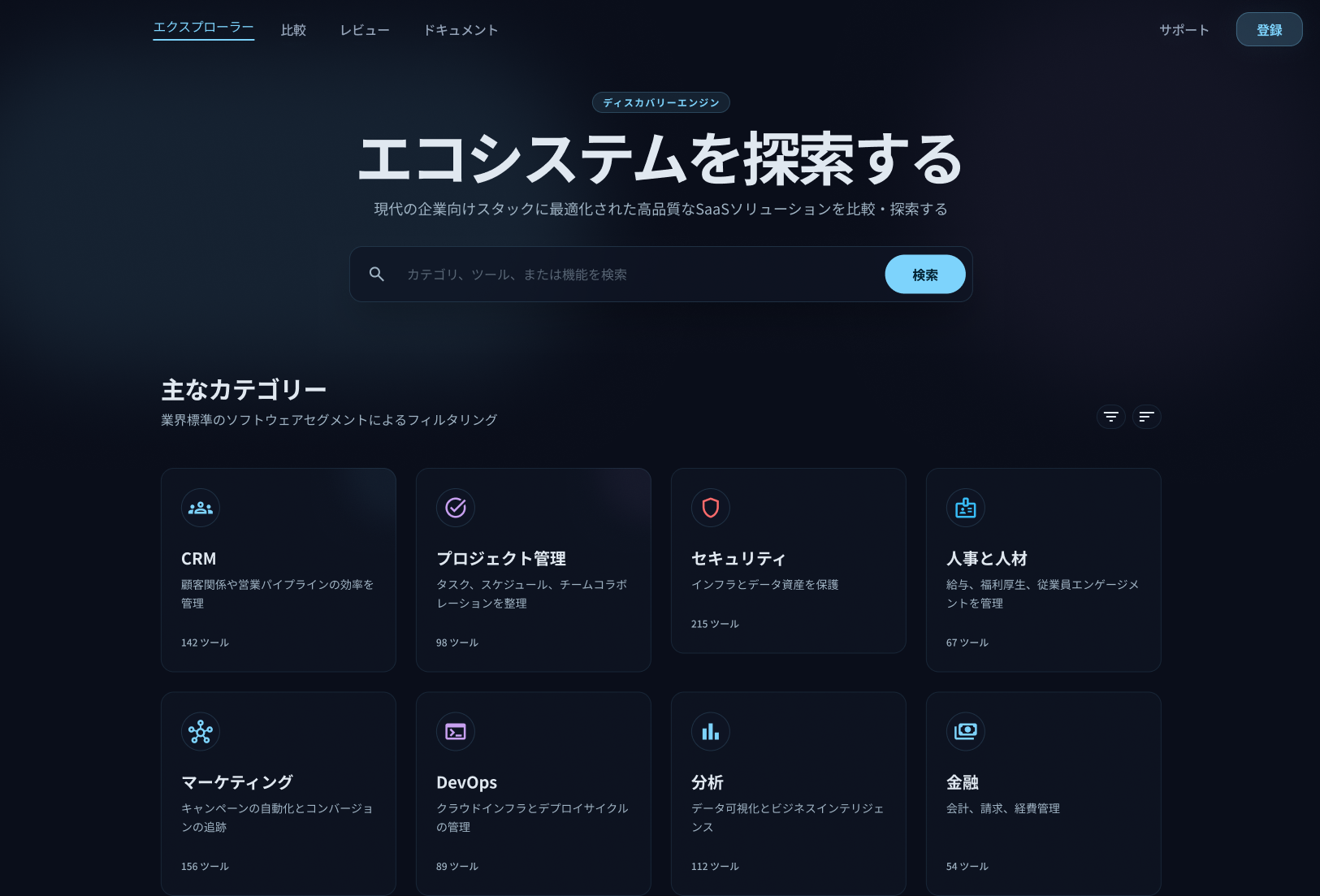 機能データ・価格情報・実際のユーザーによる評価データに基づき、企業が SaaSサービスを比較・評価・選定できるよう支援し、テクノロジー導入における意思決定プロセスの最適化を目的とするシステム