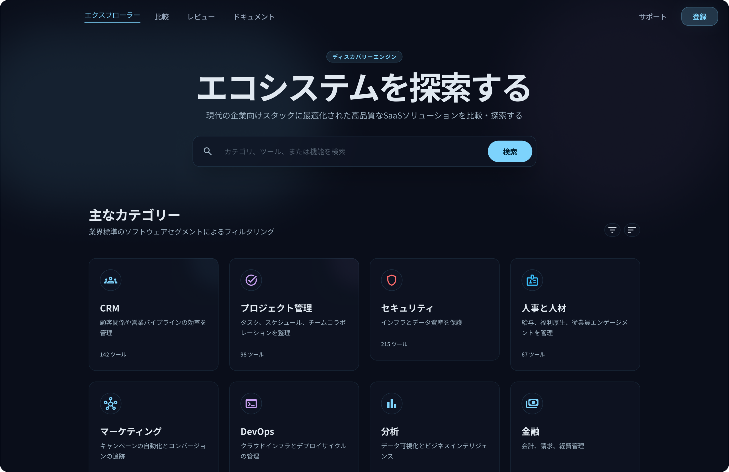 機能データ・価格情報・実際のユーザーによる評価データに基づき、企業が SaaSサービスを比較・評価・選定できるよう支援し、テクノロジー導入における意思決定プロセスの最適化を目的とするシステム